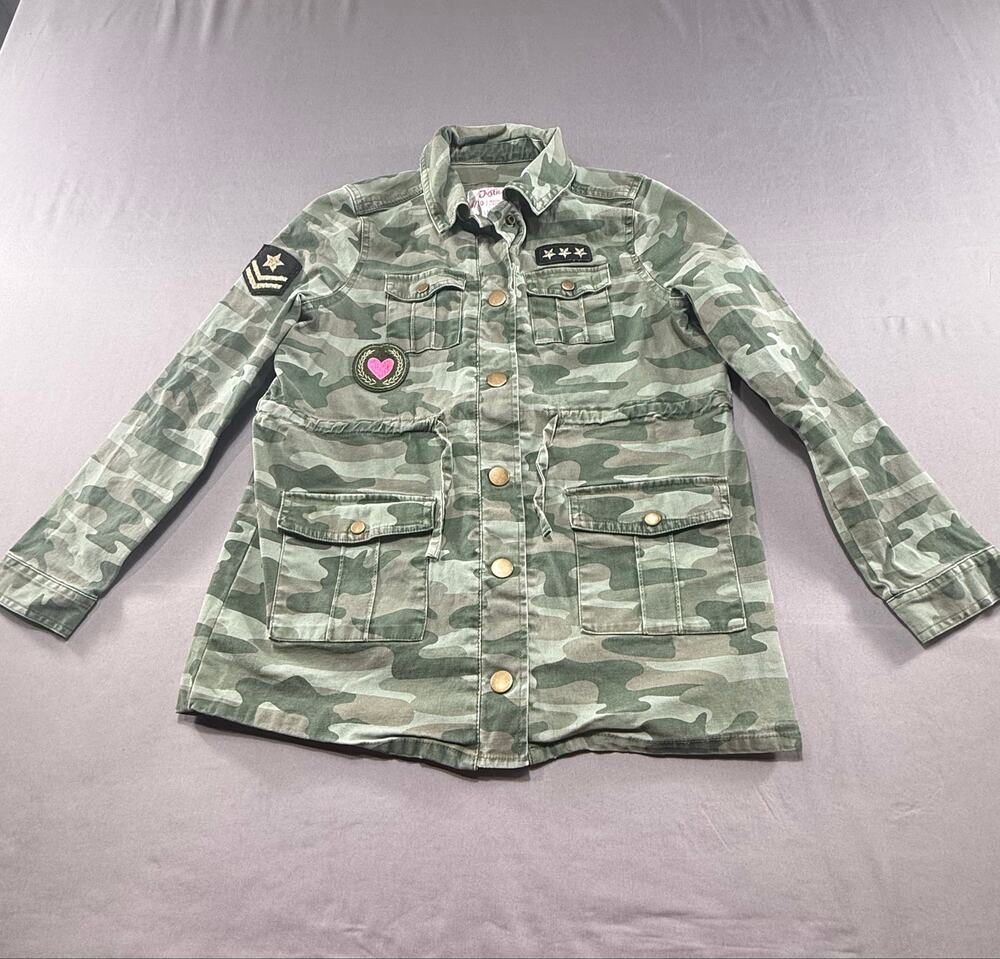 Justice Girls Camo Utility Jacket Heart Patch Drawstring Waist Size 8/10